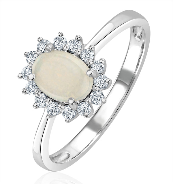 Opal 7 x 5mm And Diamond 9K White Gold Ring